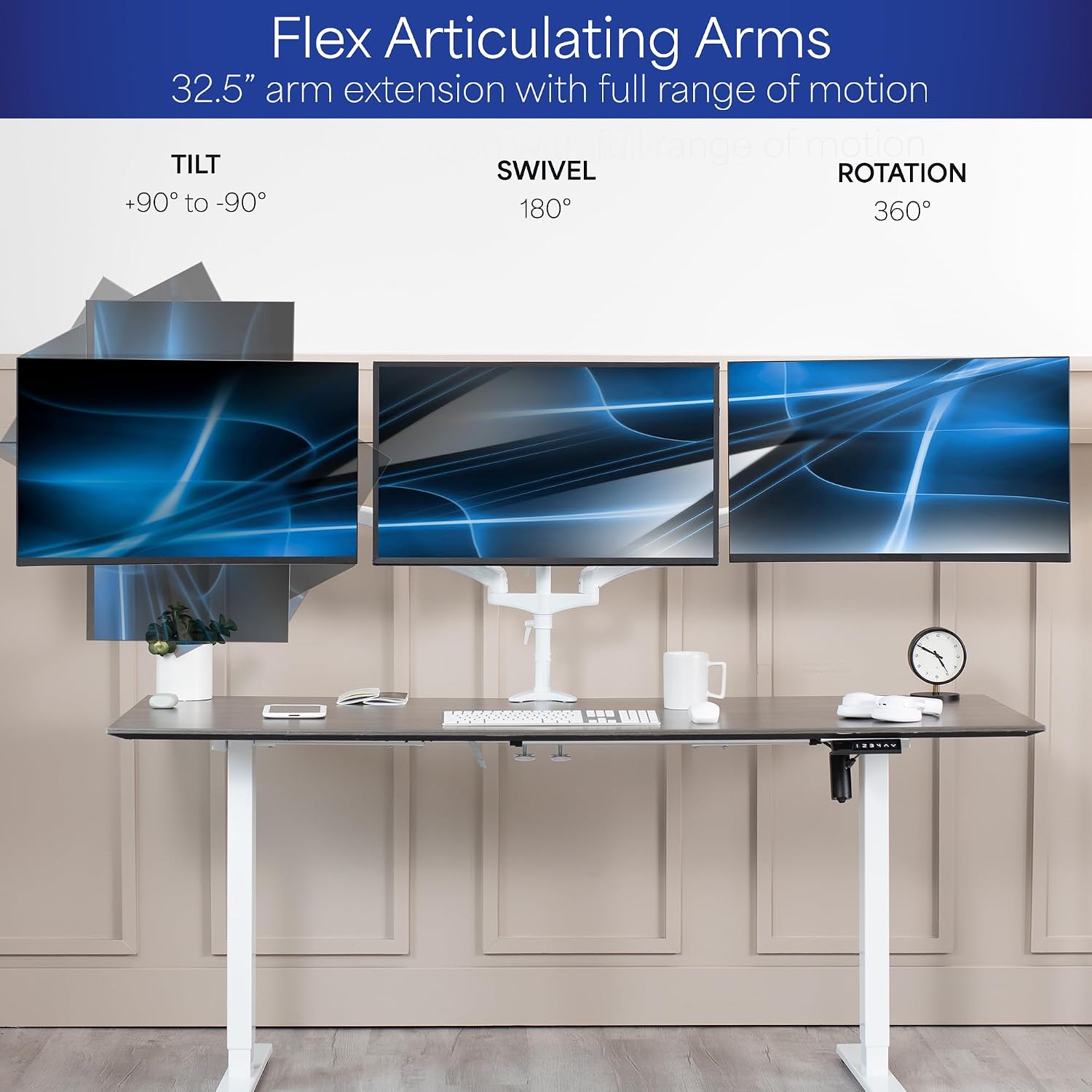 17 to 32 inch Triple Pneumatic Monitor Mount, 2 Pneumatic Arms, 1 Fixed, Adjustable Swivel, Rotation, Heavy Duty VESA