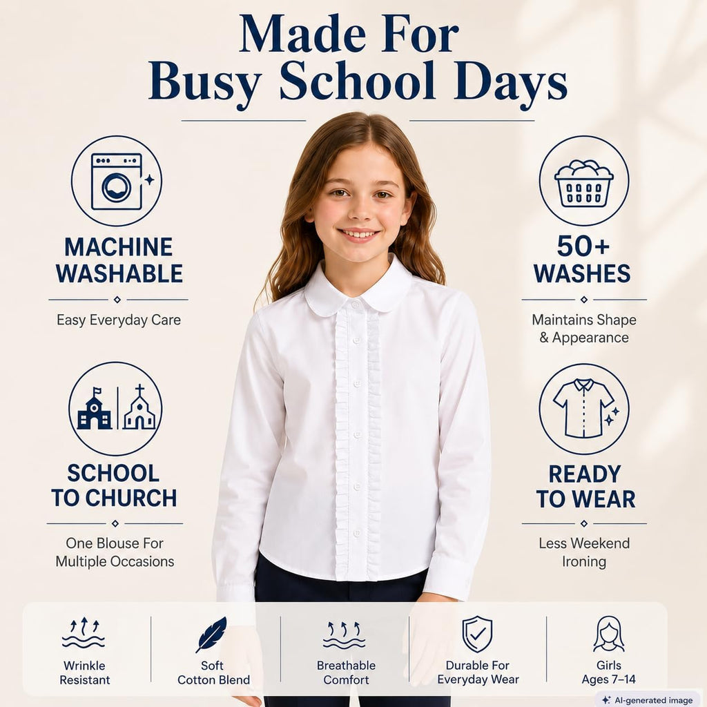 Girl White Ruffle Blouse: Wrinkle-Free School Uniform | Long Sleeve Cotton Collared Dress Shirt, No See-Through