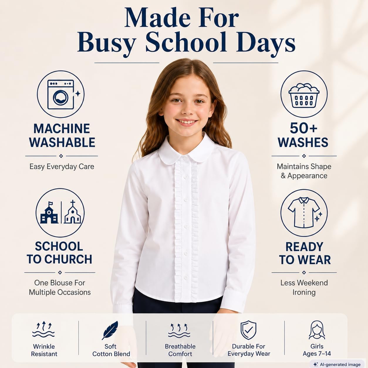 Girl White Ruffle Blouse: Wrinkle-Free School Uniform | Long Sleeve Cotton Collared Dress Shirt, No See-Through