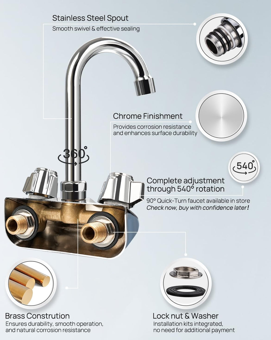 4" Center Wall Mount Hand Sink Faucet Commercial with Knob Handle
