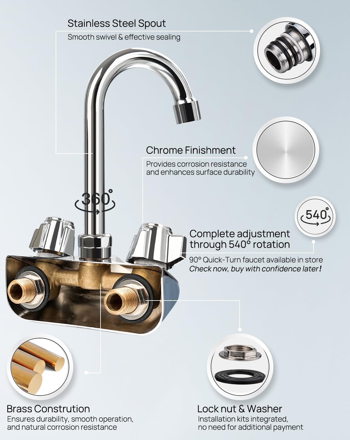 4" Center Wall Mount Hand Sink Faucet Commercial with Knob Handle