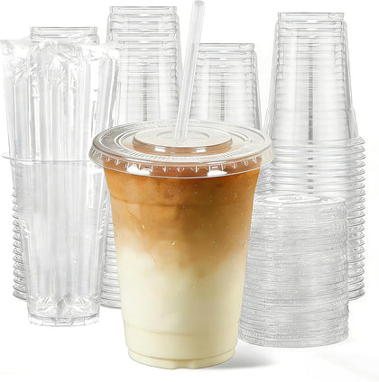 12oz Clear Plastic Cups with Lids and Straws 100 Pack