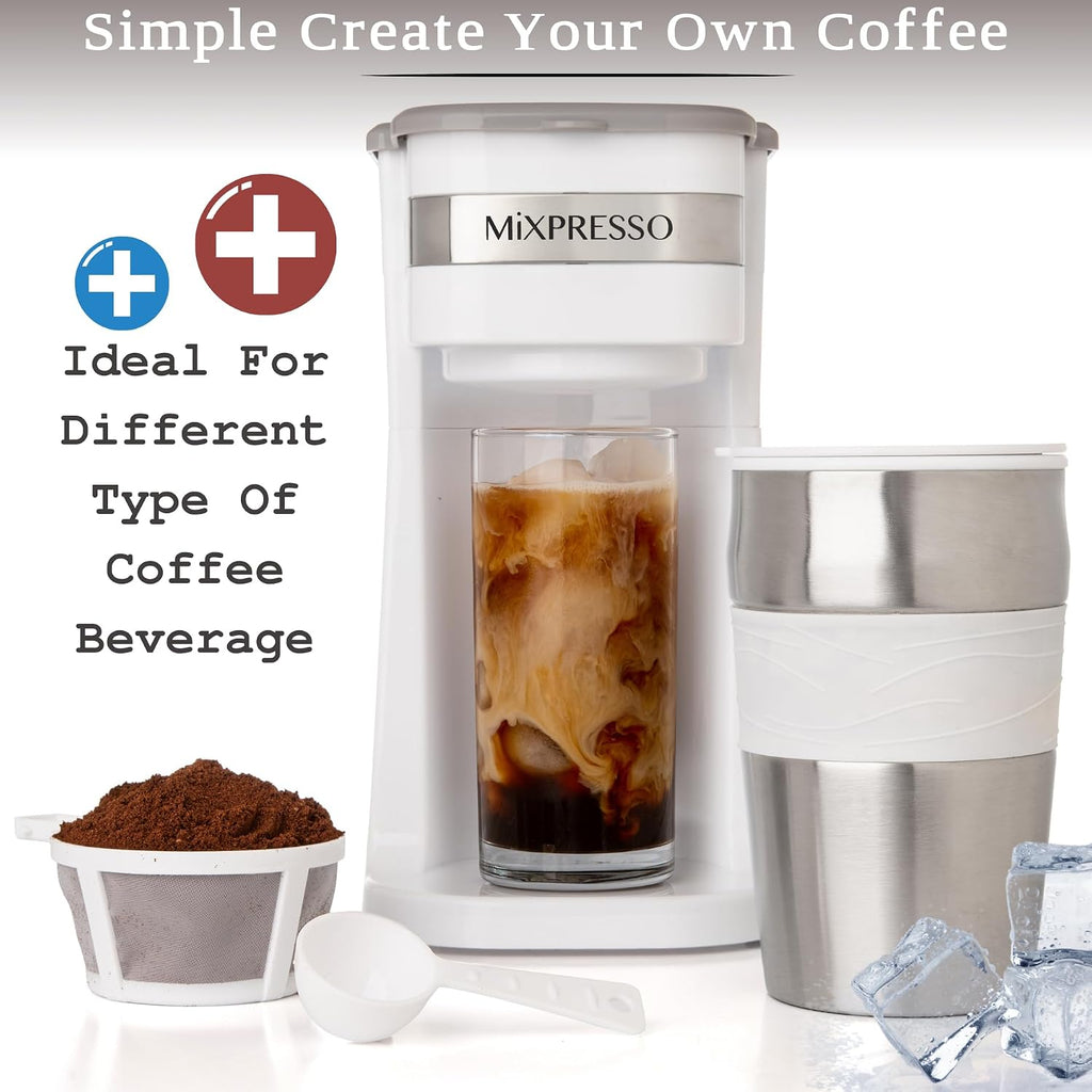 Single Serve & Single Cup Coffee Maker with 14oz Travel Mug White | For ground coffee only, reusable filter, auto