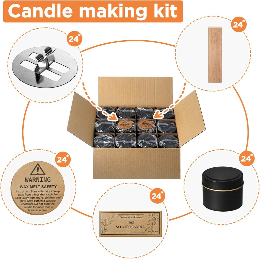 4oz Candle Tins with Lids, 24 Set DIY Candle Making Kit Includes Bulk Tins, Wood Wicks, Stickers, Wick Holders &
