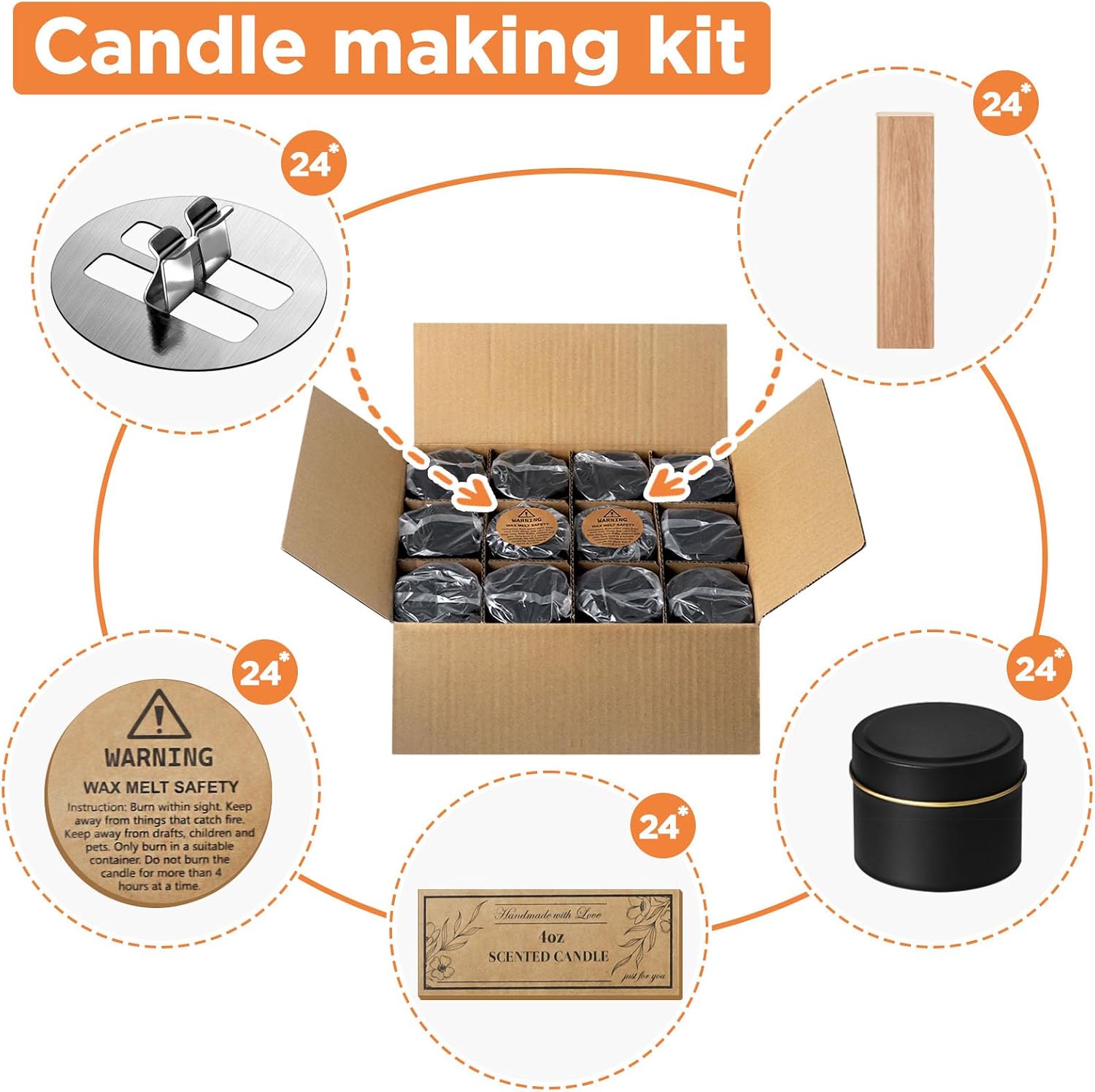 4oz Candle Tins with Lids, 24 Set DIY Candle Making Kit Includes Bulk Tins, Wood Wicks, Stickers, Wick Holders &
