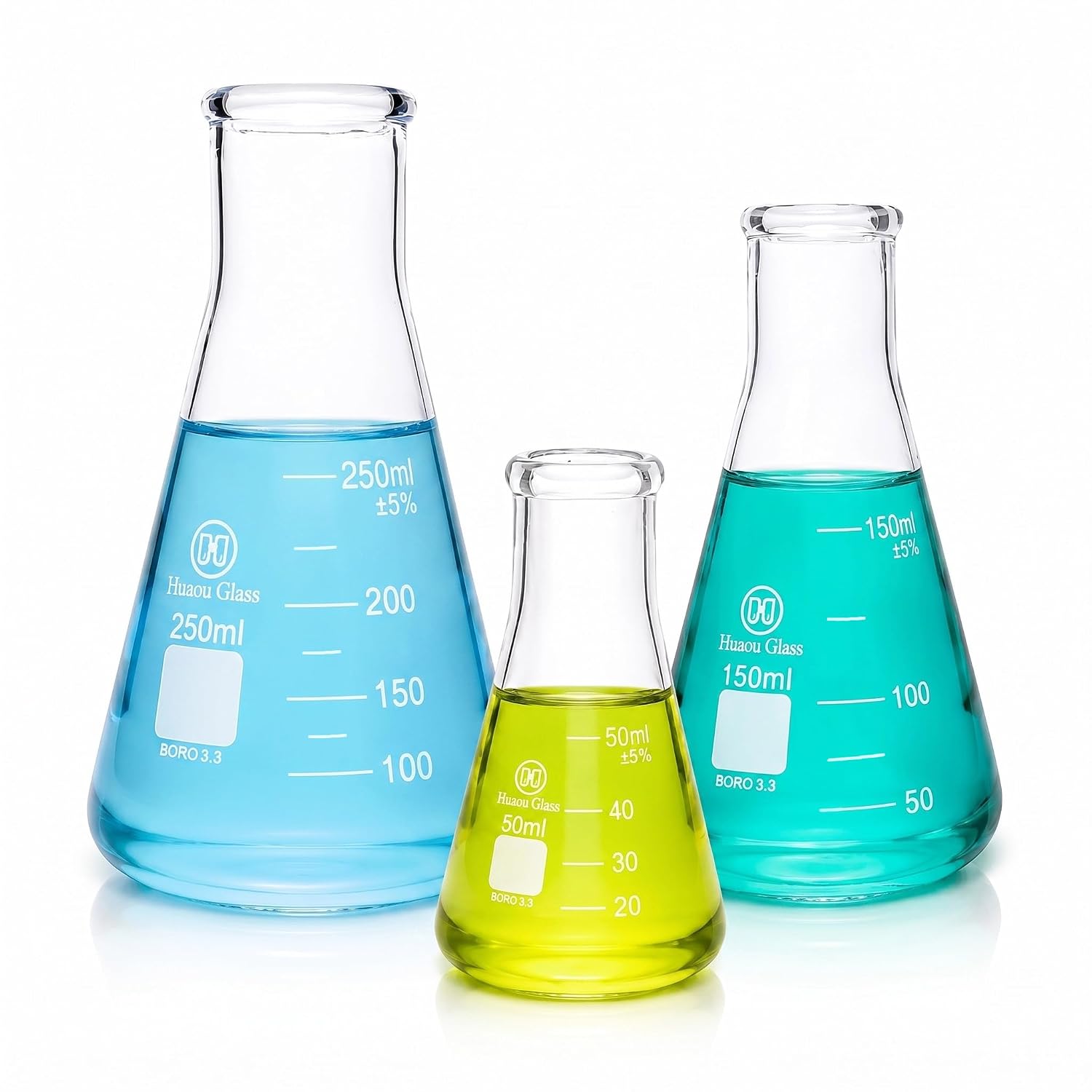 Glass Erlenmeyer Flask Set 50ml 150ml and 250ml, Narrow Mouth Graduated Flasks, 3.3 Borosilicate Glass, Ideal for