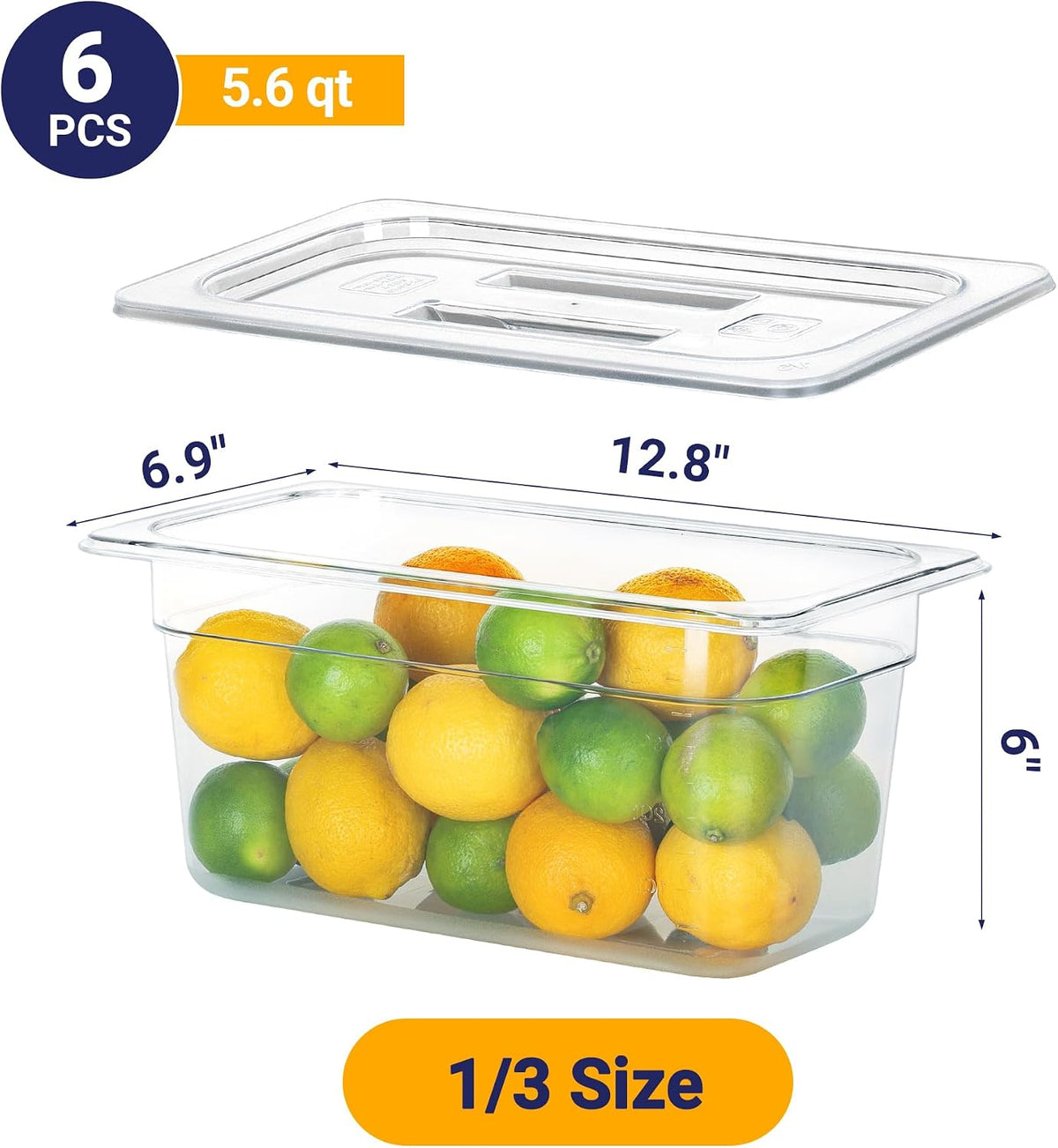 6 Pack 1/3 Size 6" Deep NSF Polycarbonate Food Pans with Lids