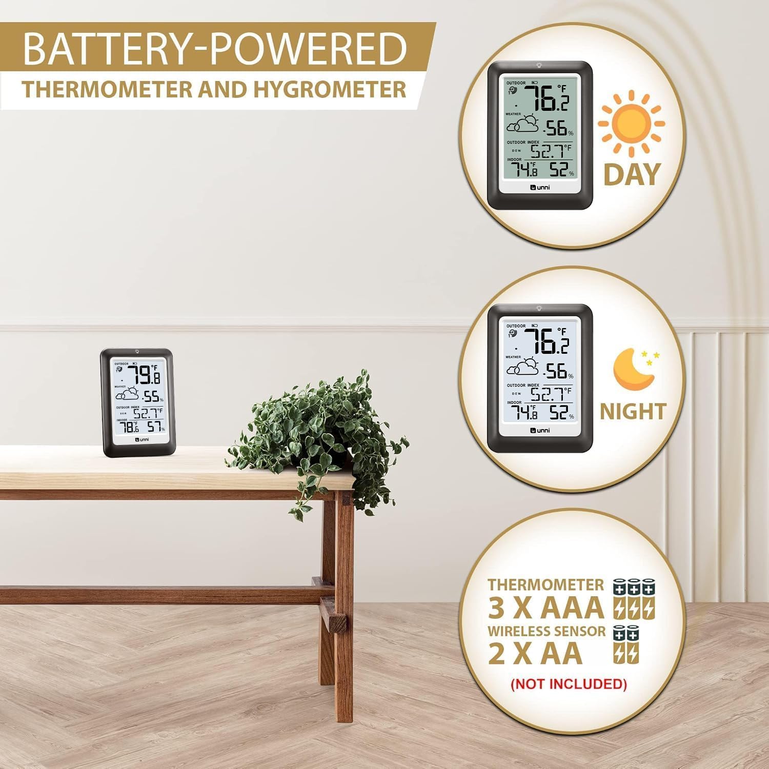 Indoor Outdoor Thermometer Wireless Weather Station, Temperature Humidity Monitor Battery Powered Inside Outside