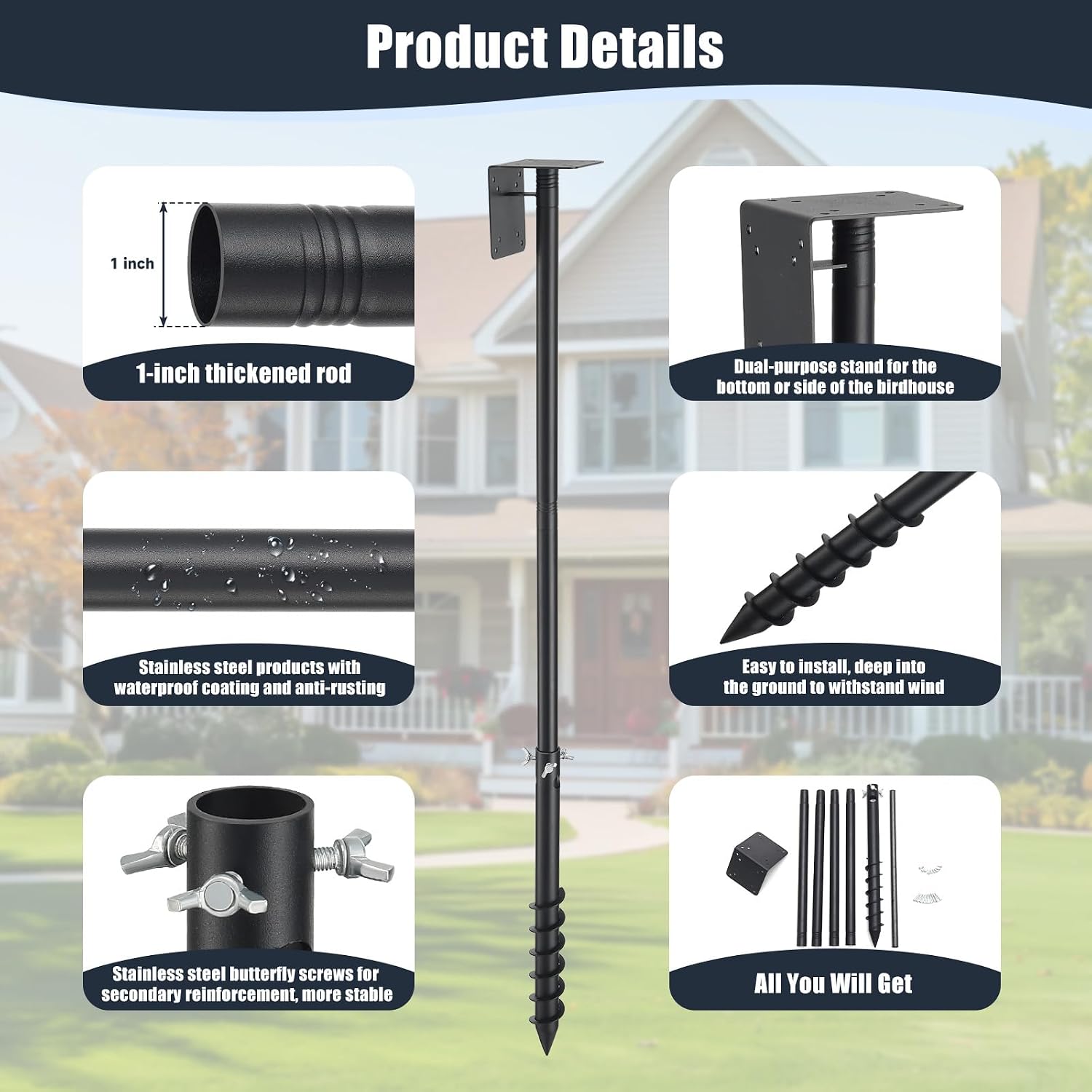 Bird House Pole, 60" Adjustable Bird Feeder Pole with Stand Stake, Heavy Duty 1.2 Inch Diameter Metal Bird Mounting
