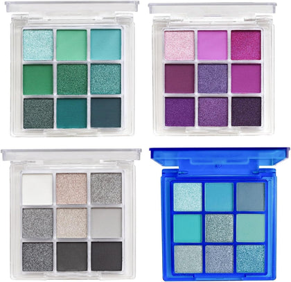 4 Pack/Set Eyeshadow Palette Set - Black, Blue, Green, Purple Themes, High Pigmented Blendable Matte & Glitter