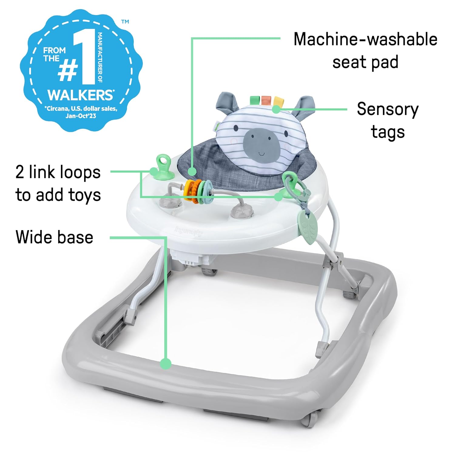 Smooth Strides Activity Baby Walker - Chambray, Developmental Walker, 3 Adjustable Heights, Toys Included, 6M-12M