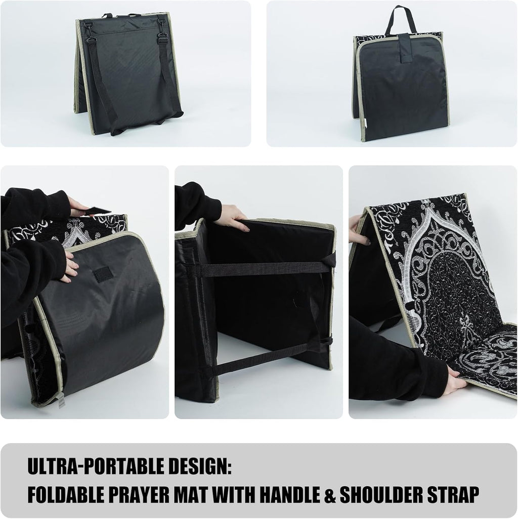 Portable Prayer Mat, Foldable Prayer Rug with Back Support, 36x78cm Islamic Prayer Mat, Includes Kufi Hat & 99 Beads