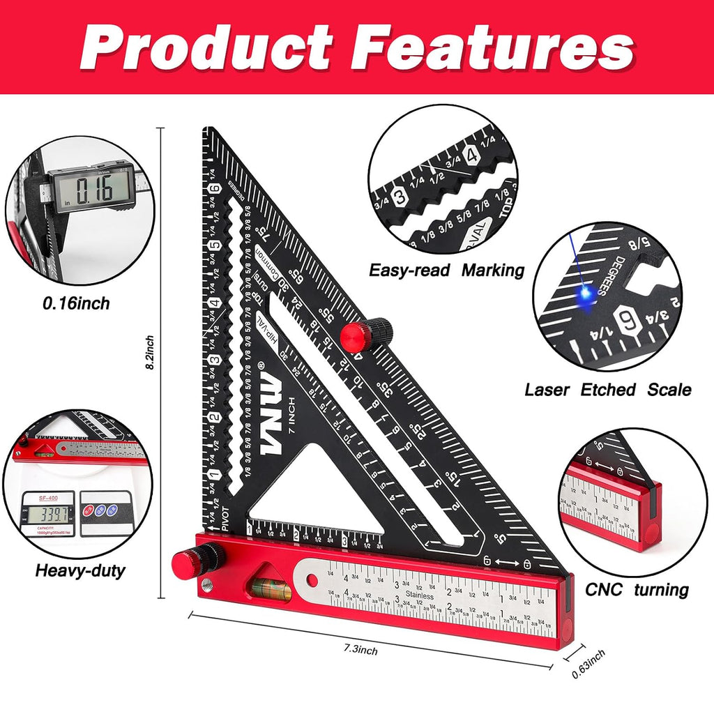 6 in 1 Rafter Square with Carpenter Pencil, 7in Rafter Square Multi-Purpose Carpenter Tools:Square,Protractor, 1/16"