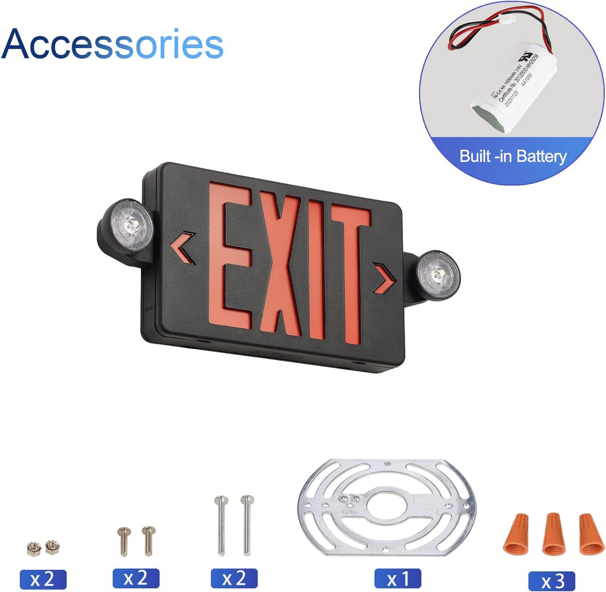 Black Housing Exit Sign with Emergency Lights Red, LED Emergency Exit Light with Battery Backup, UL 924 Certified, AC