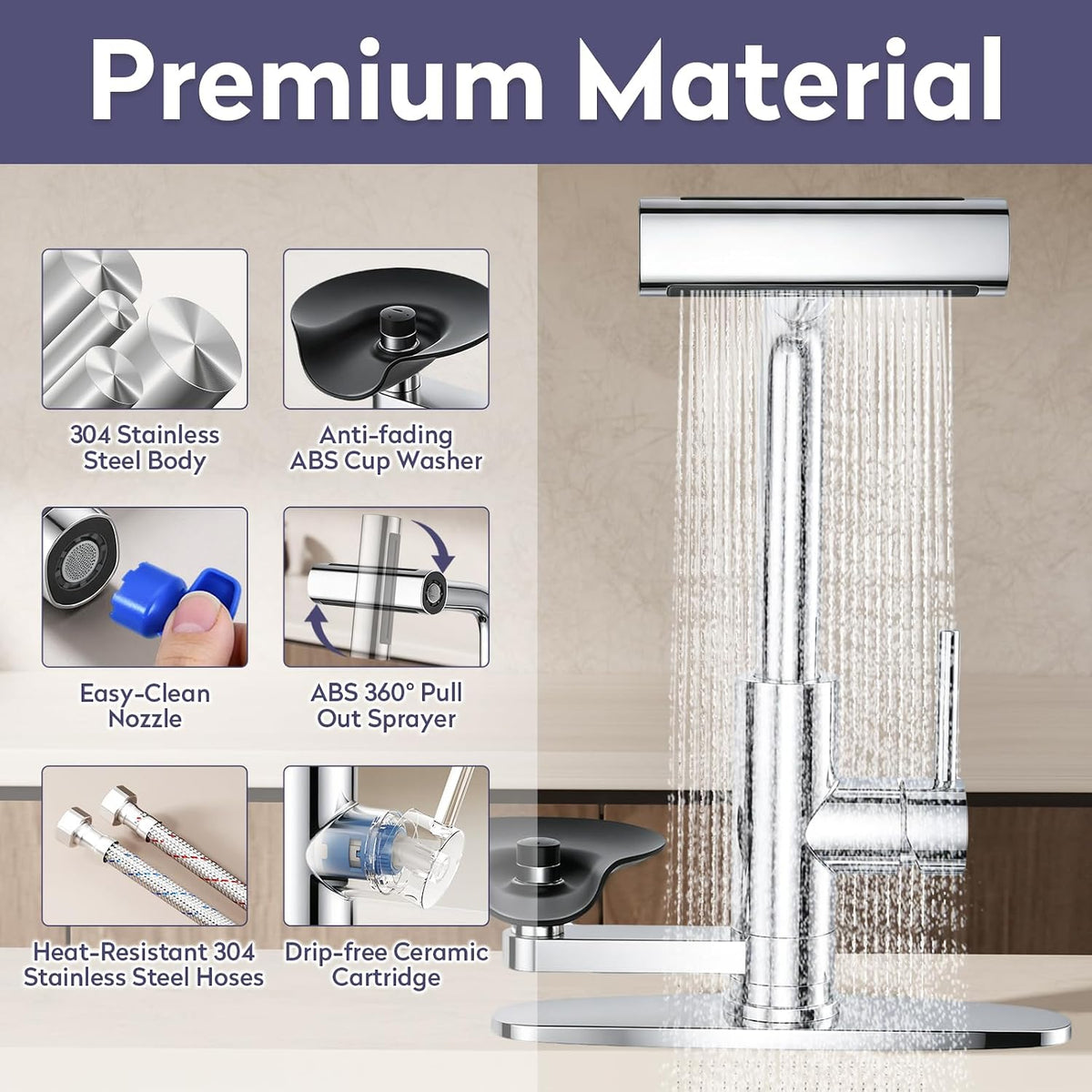 Chrome Kitchen Faucet with Pull Down Sprayer & Cup Washer