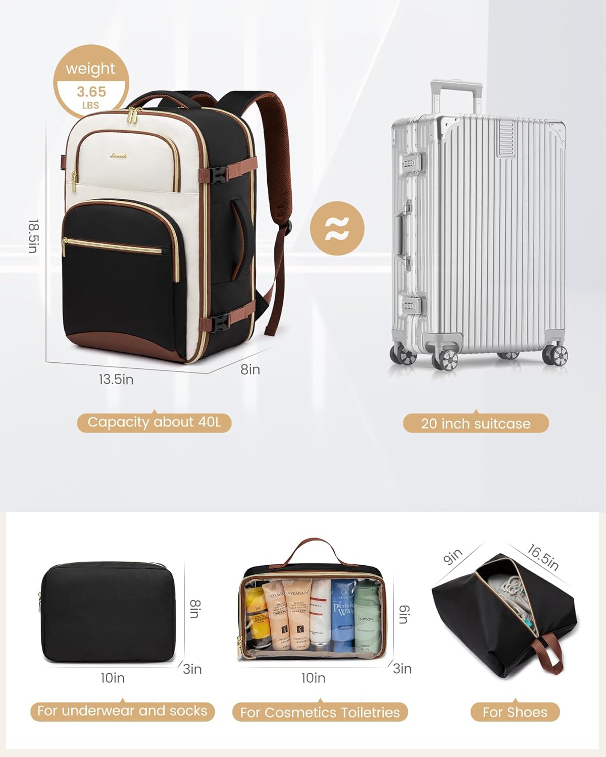 Travel Backpack for Women, 40L Airline Approved Carry On Backpack Luggage with 3 Packing Cubes, TSA Personal Item