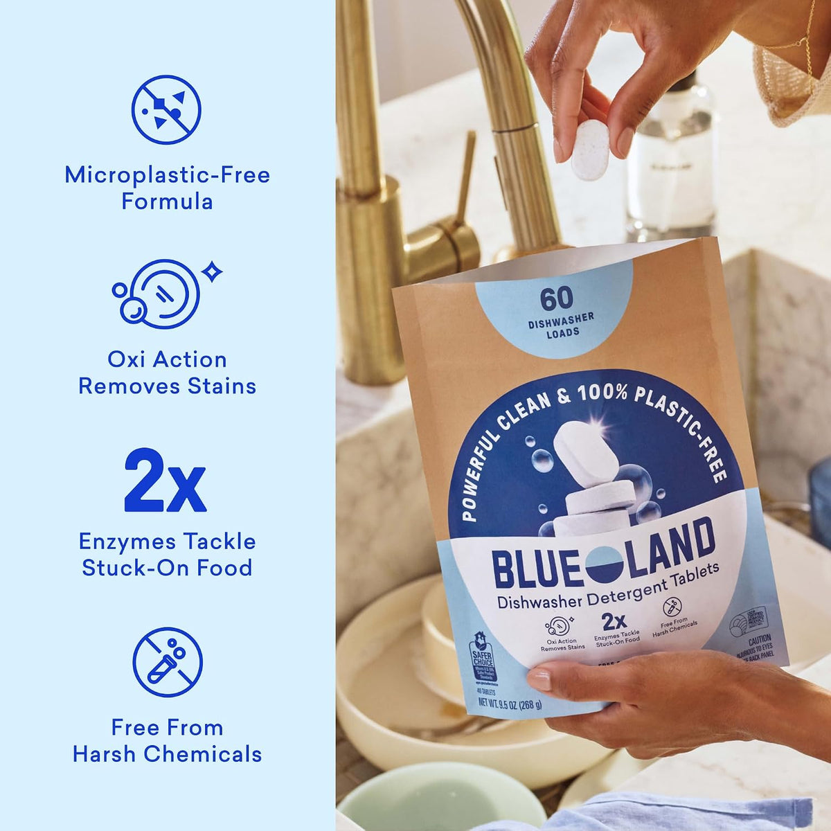 100% Plastic-Free Dishwasher Detergent Tablets 120ct, Free & Clear