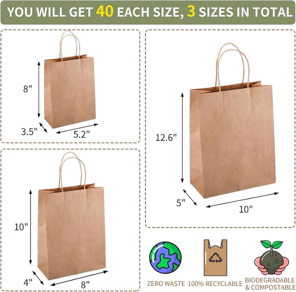 120pcs Brown Paper Bags with Handles, Assorted Sizes Gift Bags