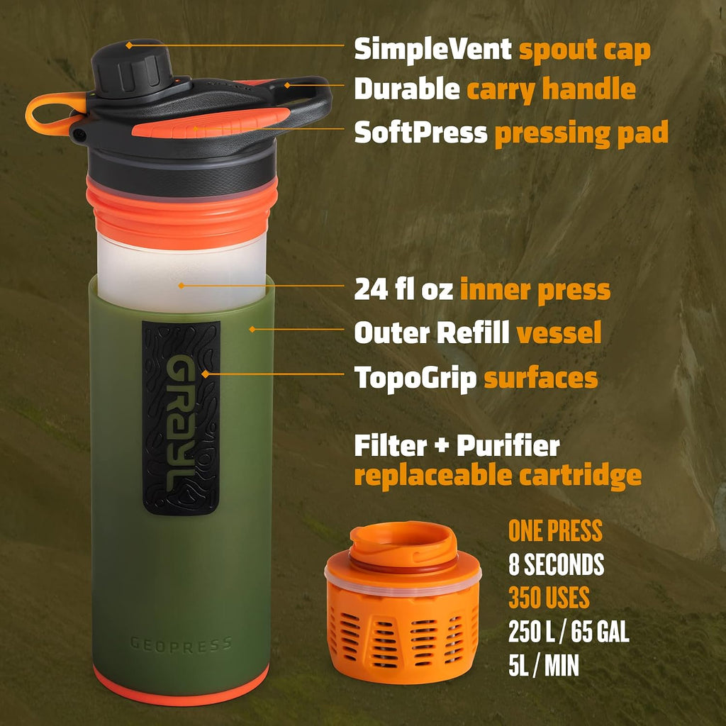 GeoPress 24 oz Water Purifier Bottle - Filter for Hiking, Camping, Survival, Travel (Oasis Green)