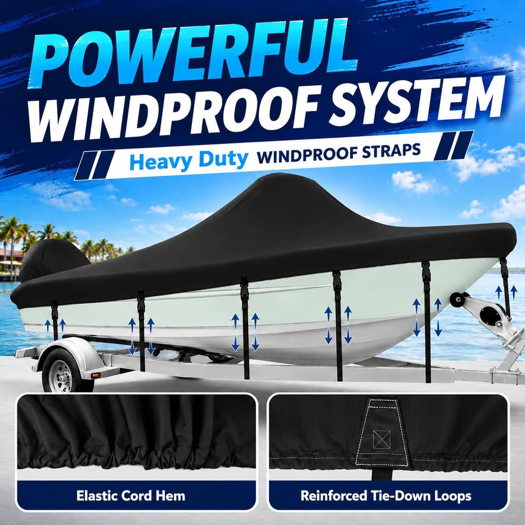 1200D Center Console Boat Cover 16-18.5ft with Motor Cover,Black | Air Vents to Keep