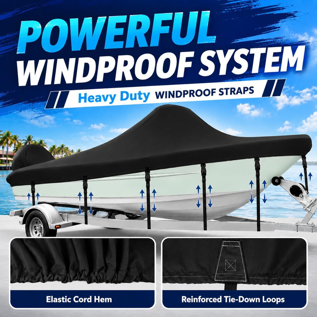1200D Center Console Boat Cover 16-18.5ft with Motor Cover,Black | Air Vents to Keep