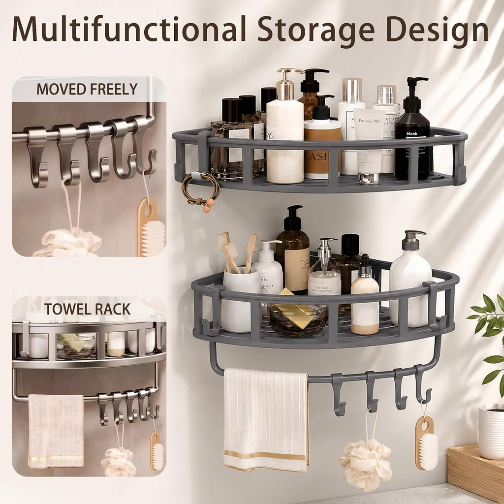 Shower Caddy Hanging Gray, 2 Pack Rustproof Adhesive Corner Shower Shelves | 40 Lb Secure Hold, Powder-Coated
