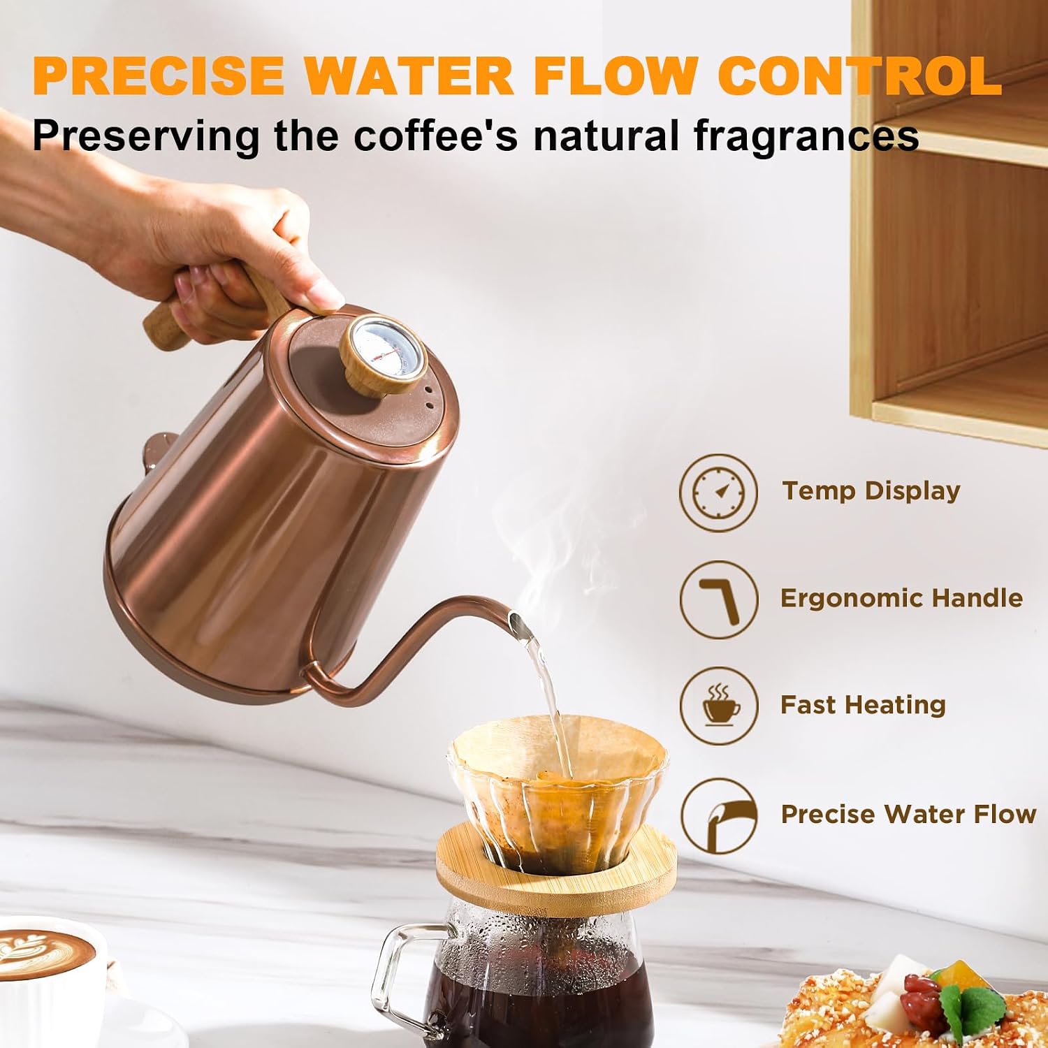 Electric Gooseneck Kettle with Thermometer, 1.0L Pour Over Hot Water Kettle for Coffee and Tea, 1000W, Auto Shutoff