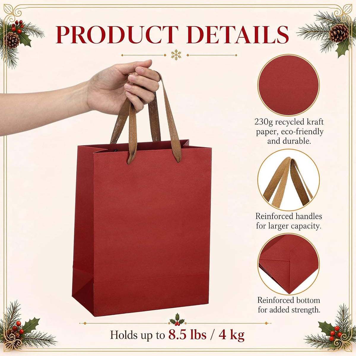 50 Pack Red Green Christmas Gift Bags Bulk, Heavy Duty, 8x11x4 Inch
