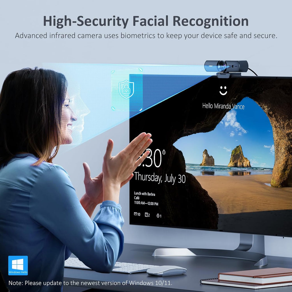 HelloCam, 1080P Webcam with Windows Hello, True Privacy, Automatic Electronic Shutter, Computer Camera, Microphone