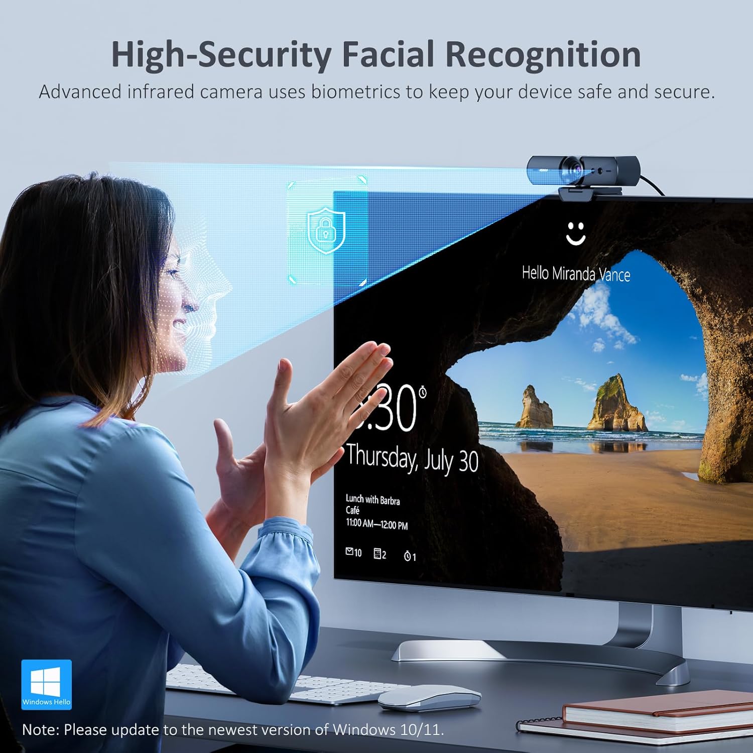 HelloCam, 1080P Webcam with Windows Hello, True Privacy, Automatic Electronic Shutter, Computer Camera, Microphone