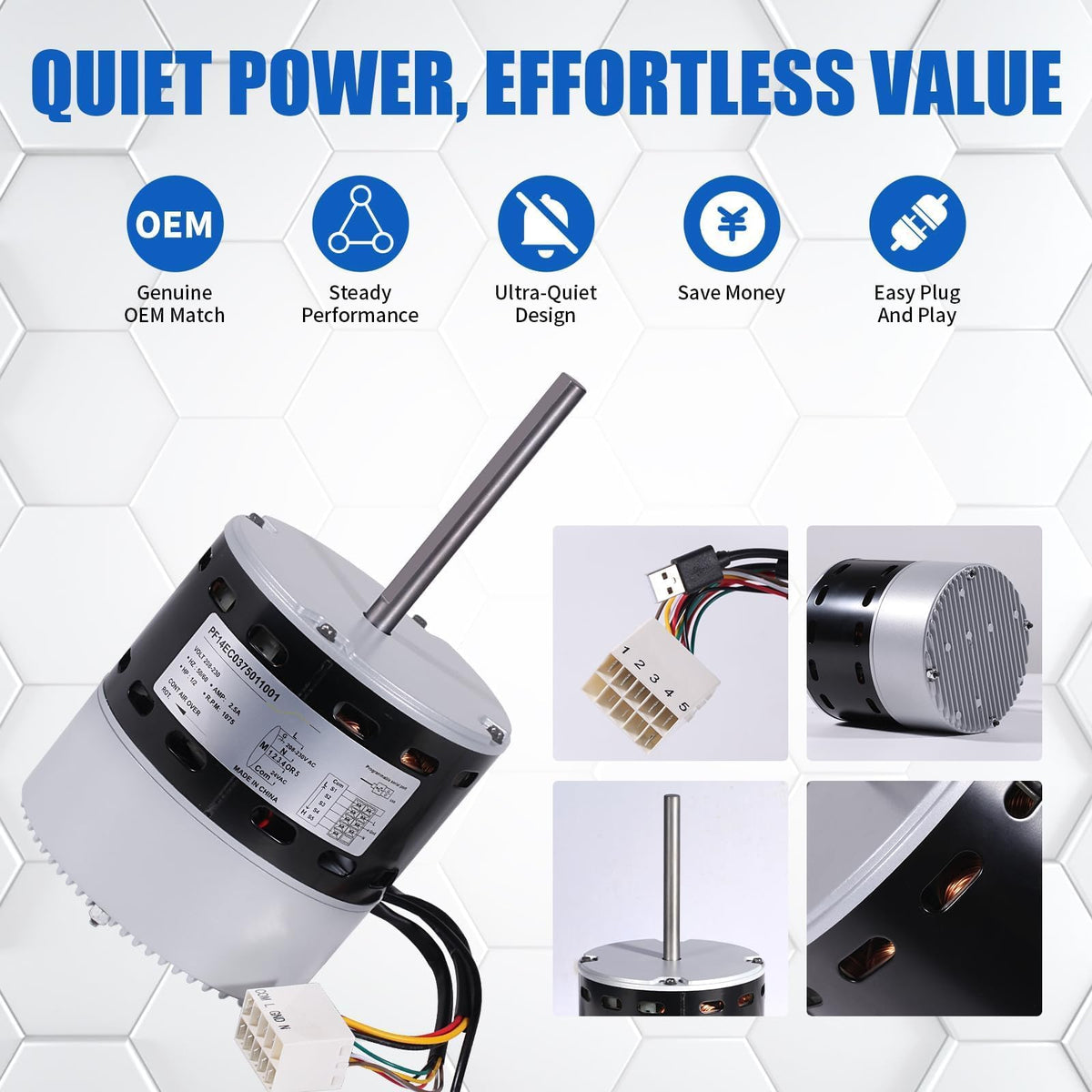 NiwNiw 6205E 1/2 HP ECM X-13 Furnace Blower Motor Replacement, Plug-and-Play, No Programming Required, 1075 RPM, 208/230V, 3.8A Multi-Speed Constant Torque, for Trane, American Standard, Carrier & ICP