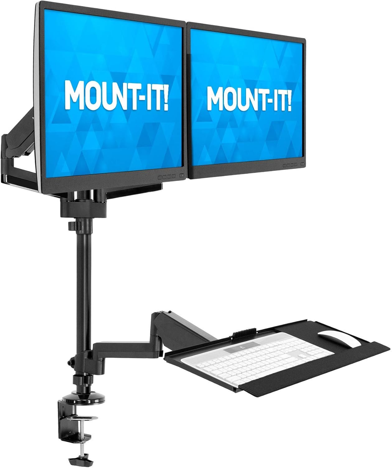 Dual Monitor Arm Desk Mount Sit-Stand Workstation with Keyboard Tray, Height Adjustable Gas Spring, Fits Two 17–32”