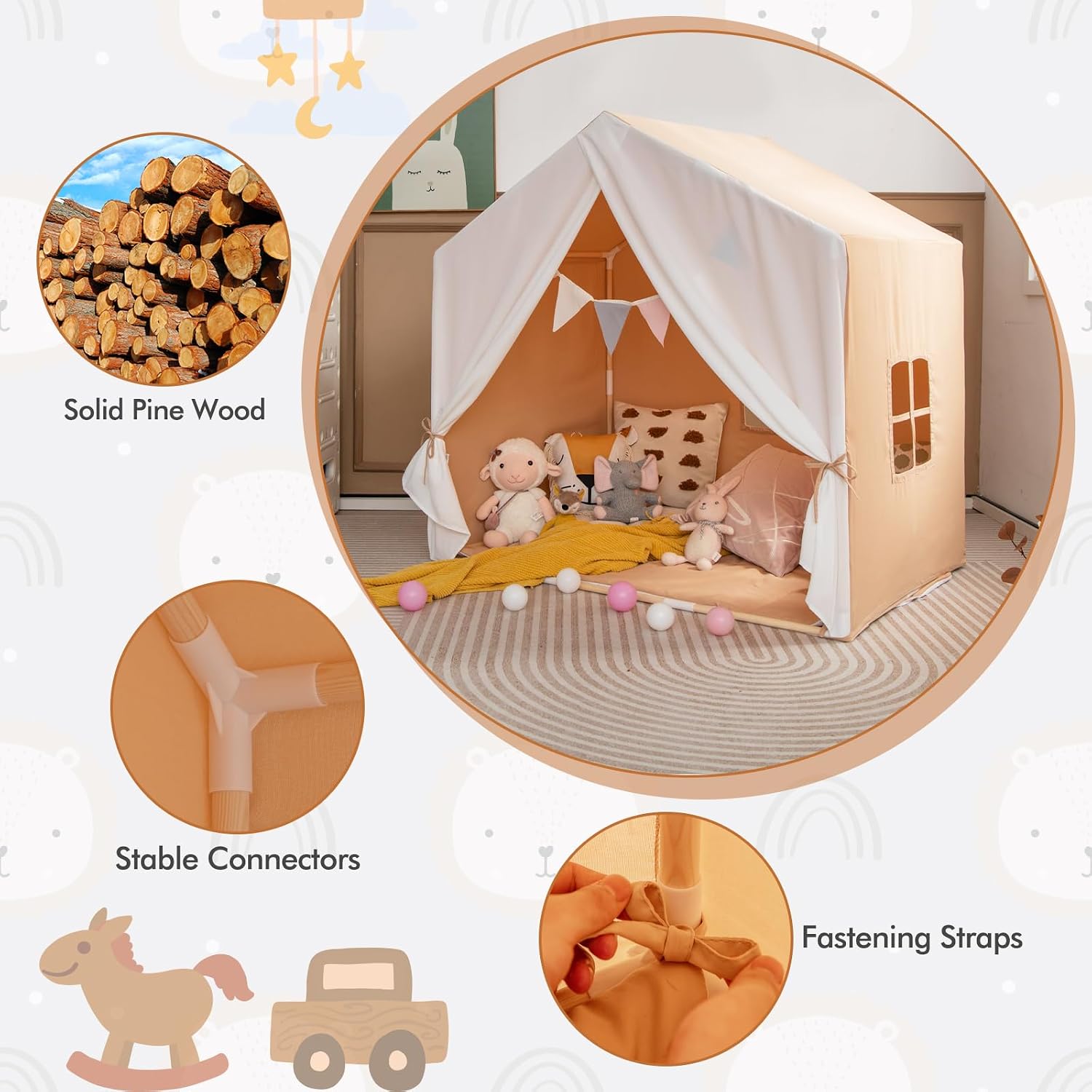 Large Kids Tent with Mat, Children's Play Tent w/Flag Banner, Windows, Gauze Curtain, Solid Wood Frame, Indoor
