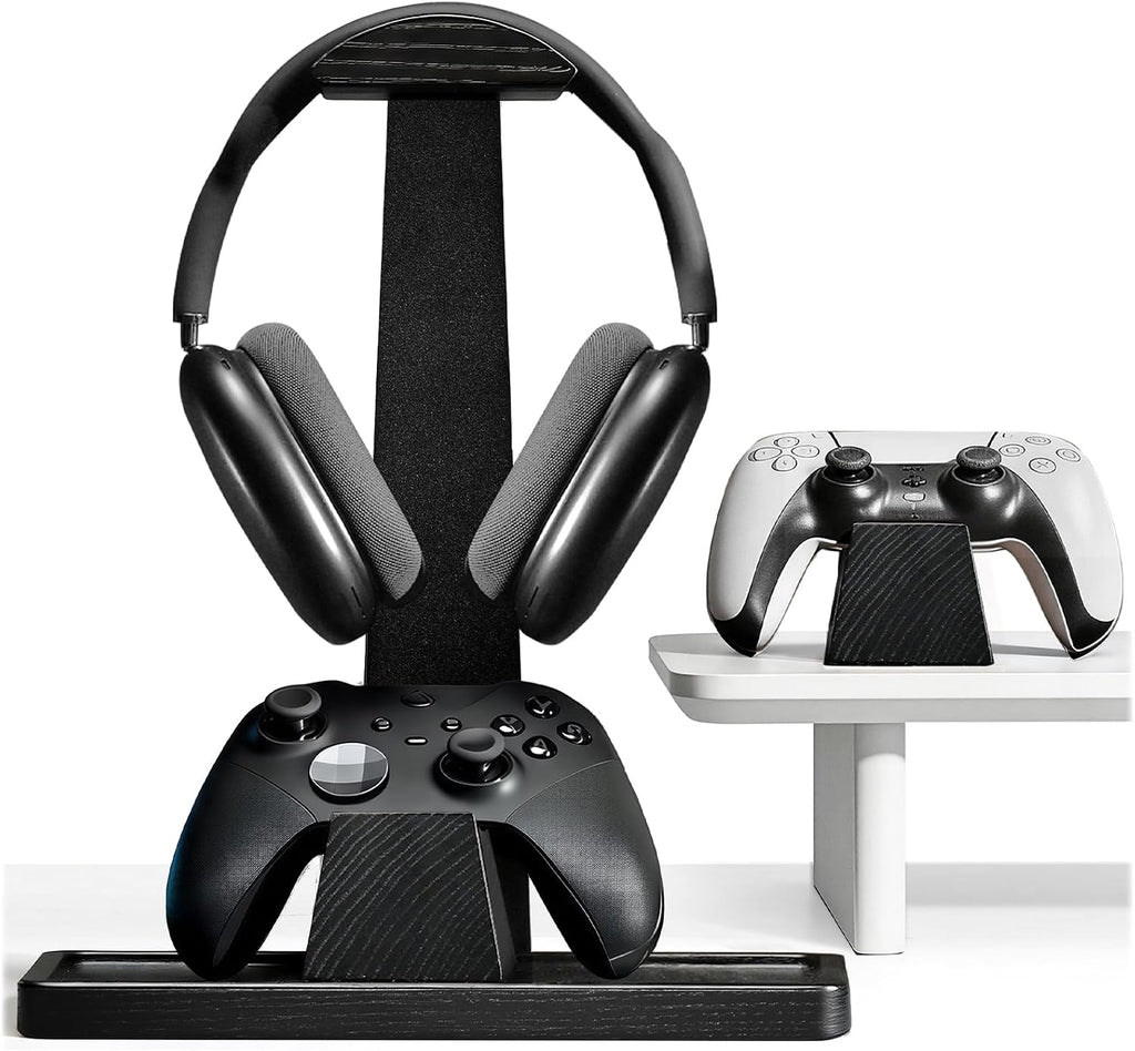 Headphone and Headset Stand with Controller Holders Gamer Gifts | Solid Wood, Holds 2 Controllers, Storage Tray for