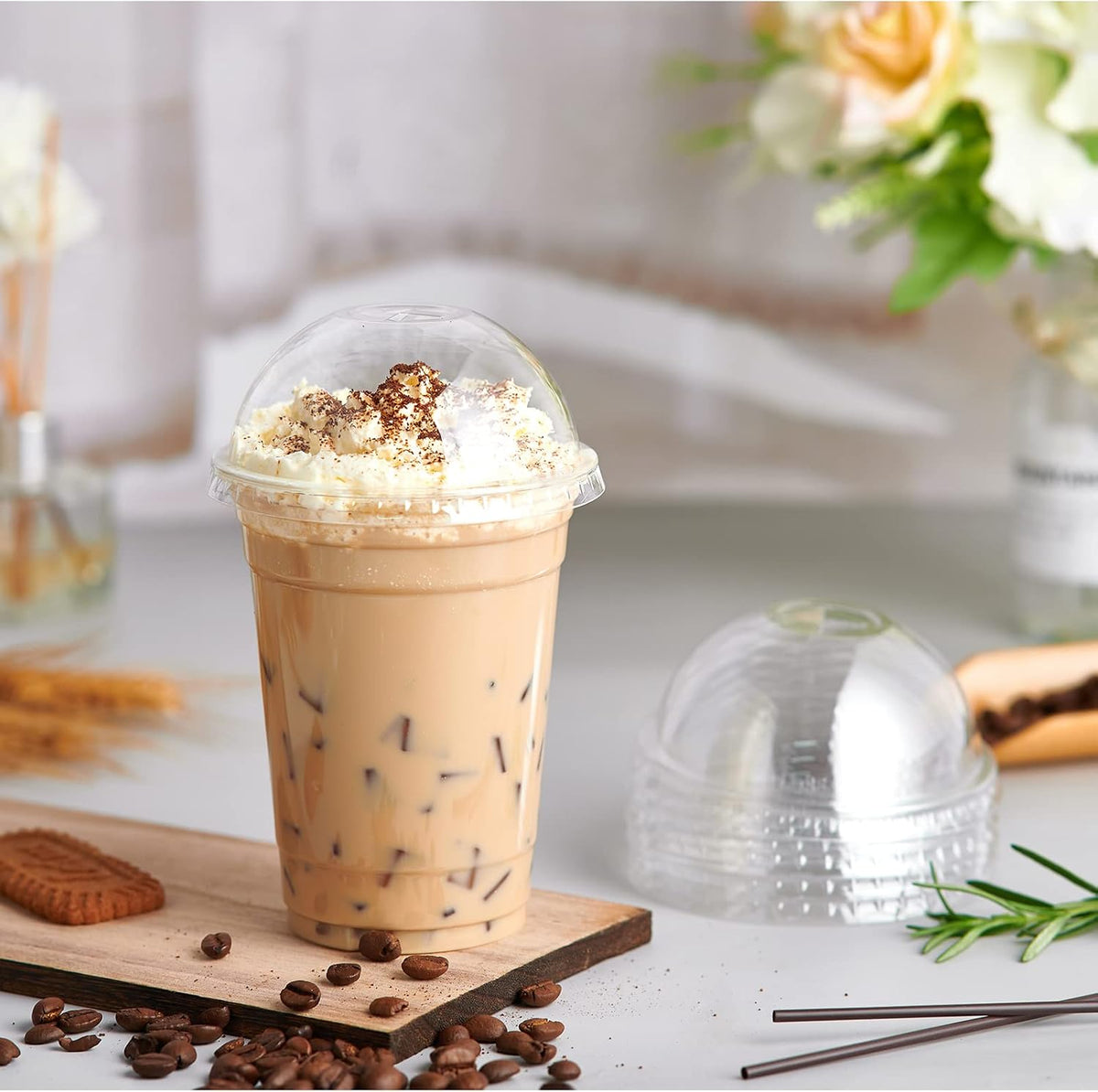 100 Sets 12 oz Clear Plastic Cups With Dome Lids