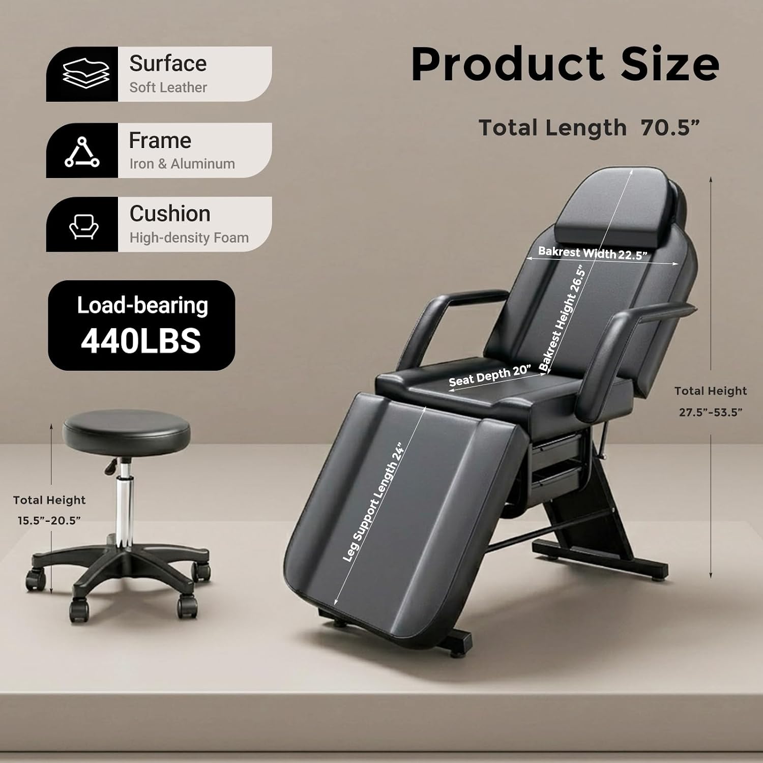 Tattoo Chair for Client, 3-Section Adjustable Facial Esthetician Bed Table with Hydraulic Stool, Multi-Purpose Spa