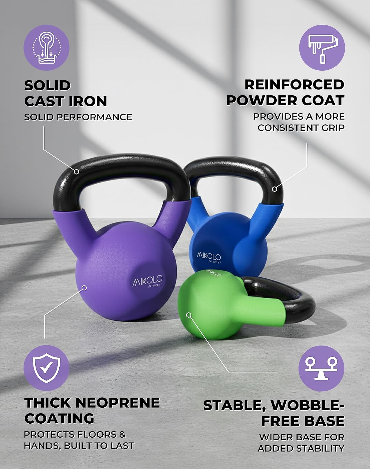 Neoprene Coated Cast Iron Kettlebells 5-30LB Set, Solid Weight Set with Wide Grip Handle and Flat Bottom, Ideal for