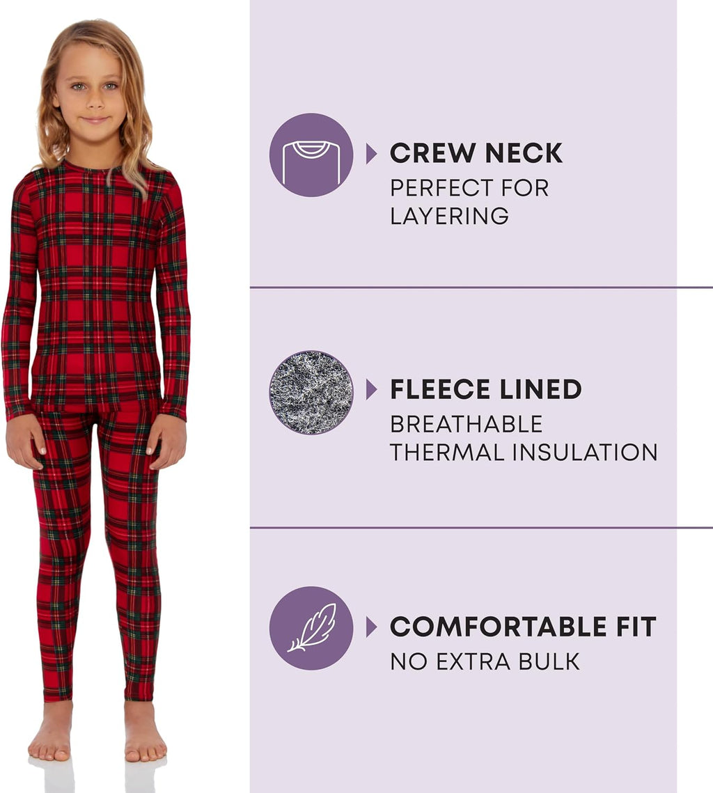 Thermal Underwear for Kids, Girls Thermals Long Johns Underwear, Base Layer for Cold weather/skiing, Red Plaid