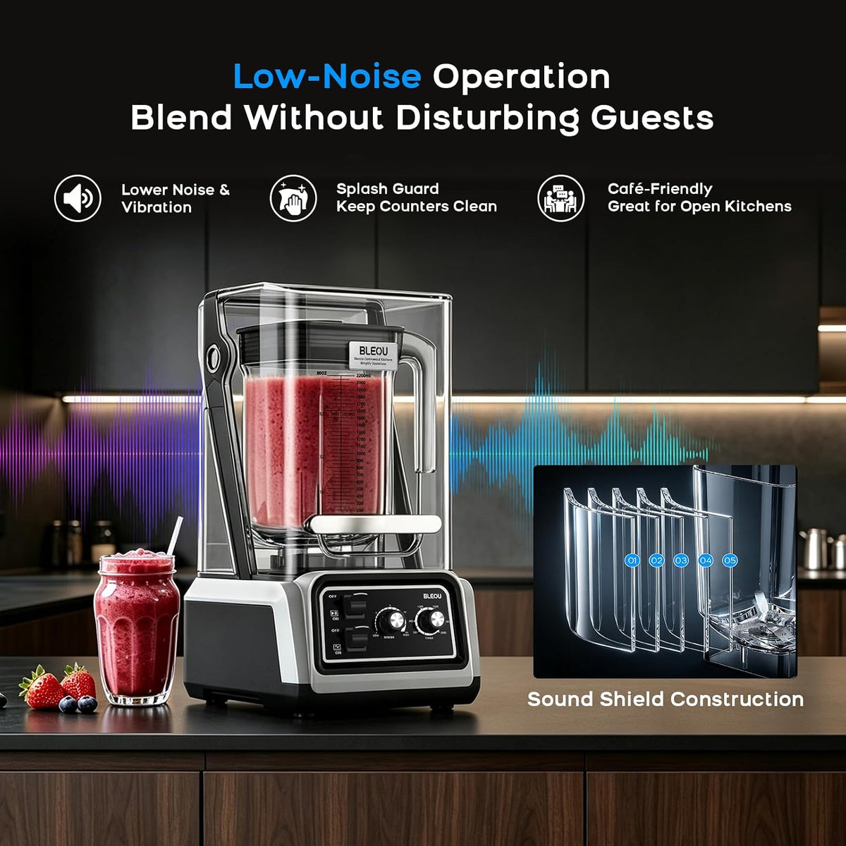 Commercial Blender Heavy Duty, 2200W Professional Quiet Blender