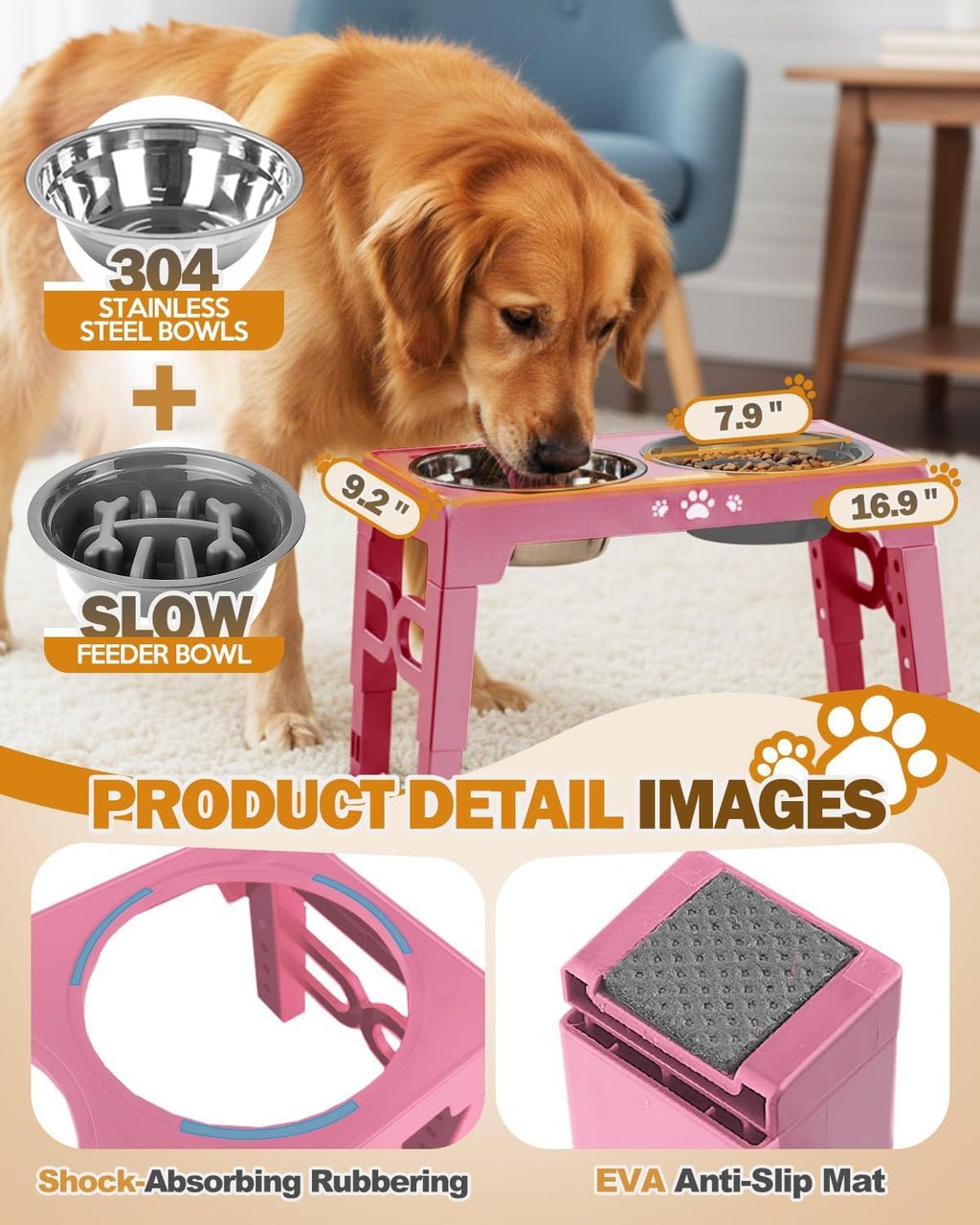 Elevated Dog Bowls for Medium Large Size Dogs, Non-Slip Dog Feeder with 1*Stainless Steel Dishes & 1*Slow Feeder