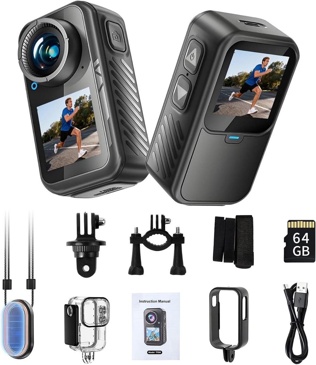 4K Mini Action Camera, EIS Stabilization, 130° Wide Angle, Dual Touchscreen, Pre-Record, Waterproof for Vlogging