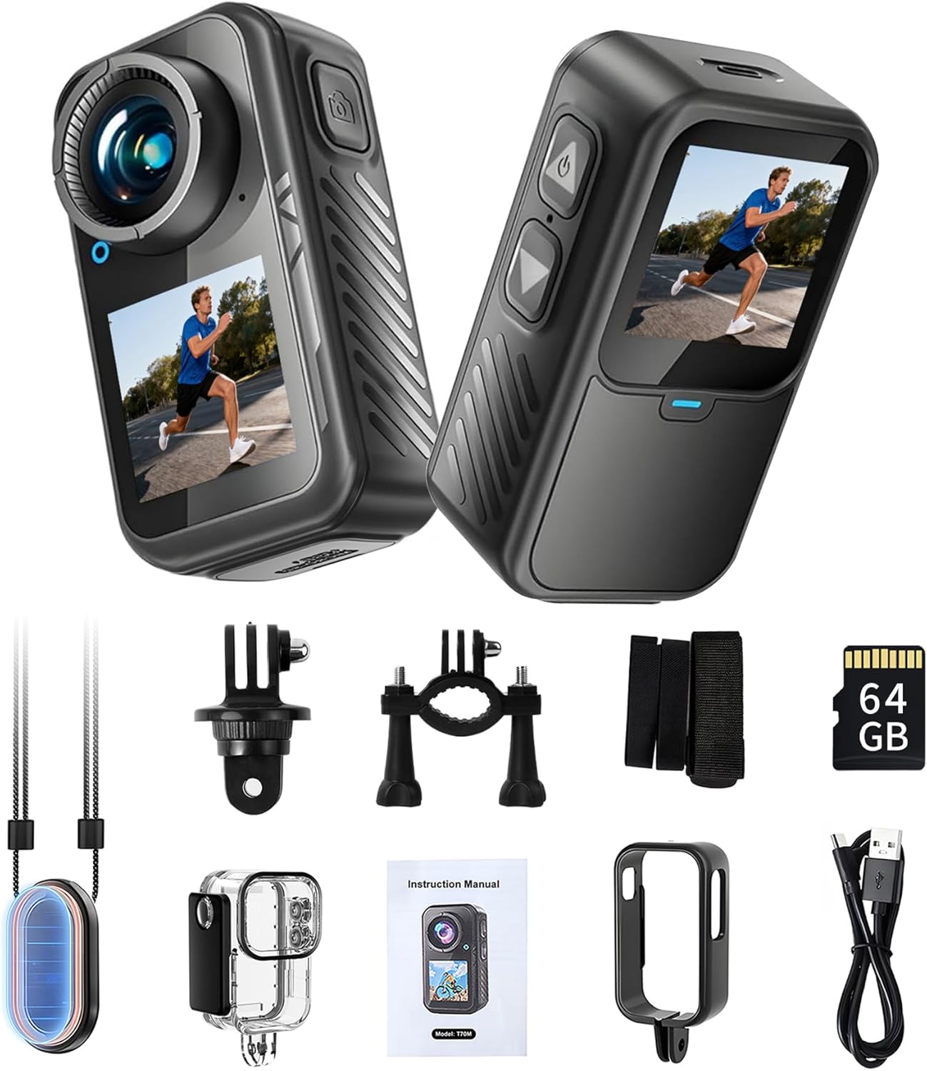 4K Mini Action Camera, EIS Stabilization, 130° Wide Angle, Dual Touchscreen, Pre-Record, Waterproof for Vlogging
