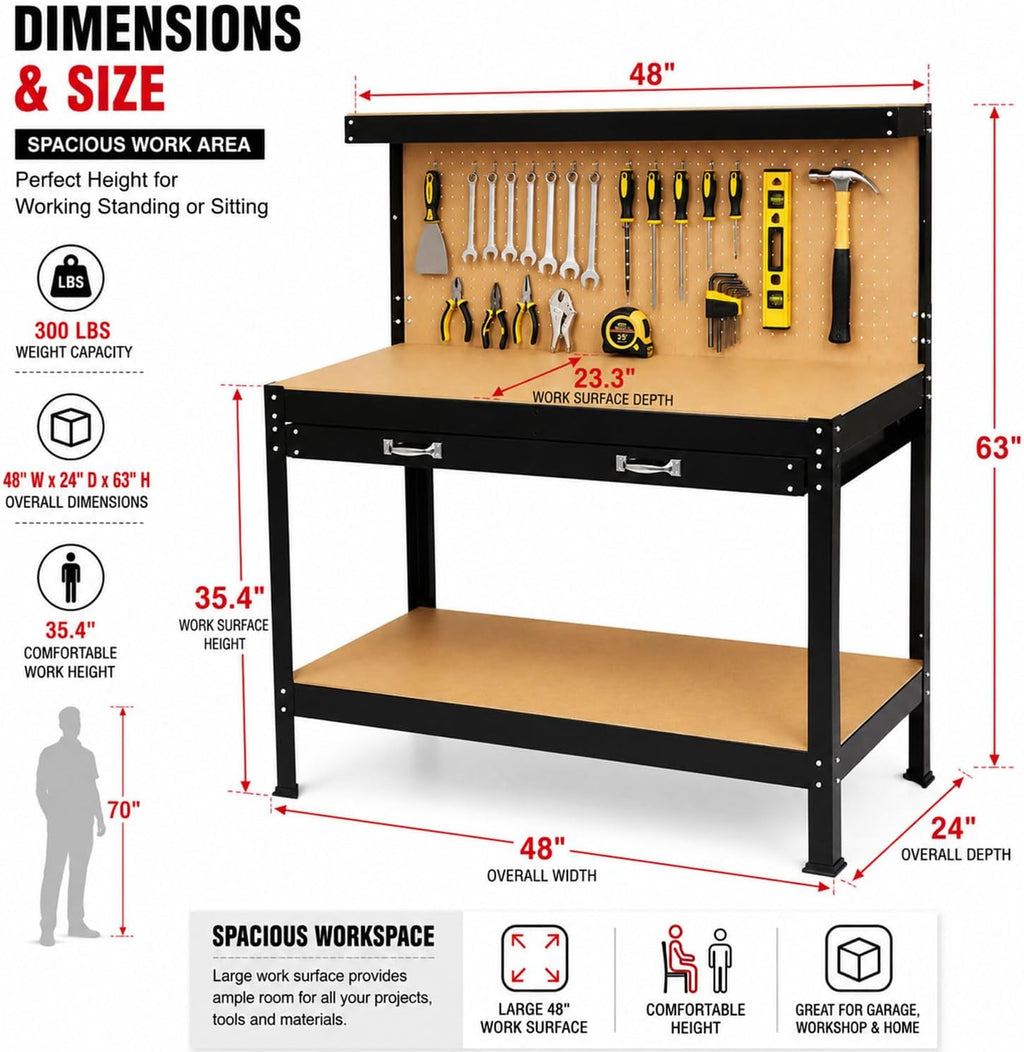 63" Heavy Duty Workbench with Peg Board, Drawer & Storage Shelf, Steel Workshop Tool Table with MDF Top for Garage