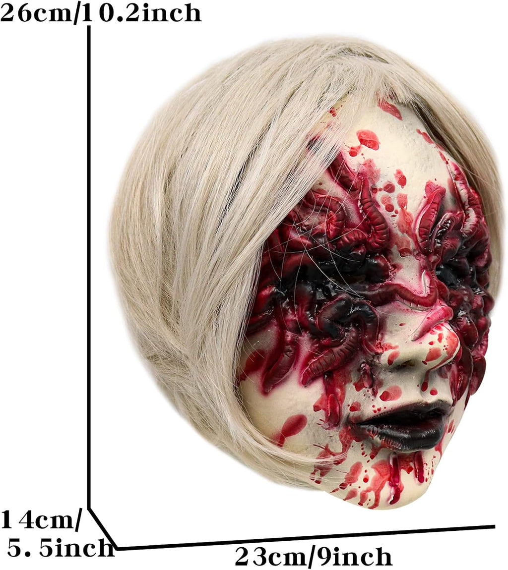 Halloween Scary Demon Mask Bloody Sucking Worm Face Mask with White Wig | Raised Worm Details, Blood Spatter Effect