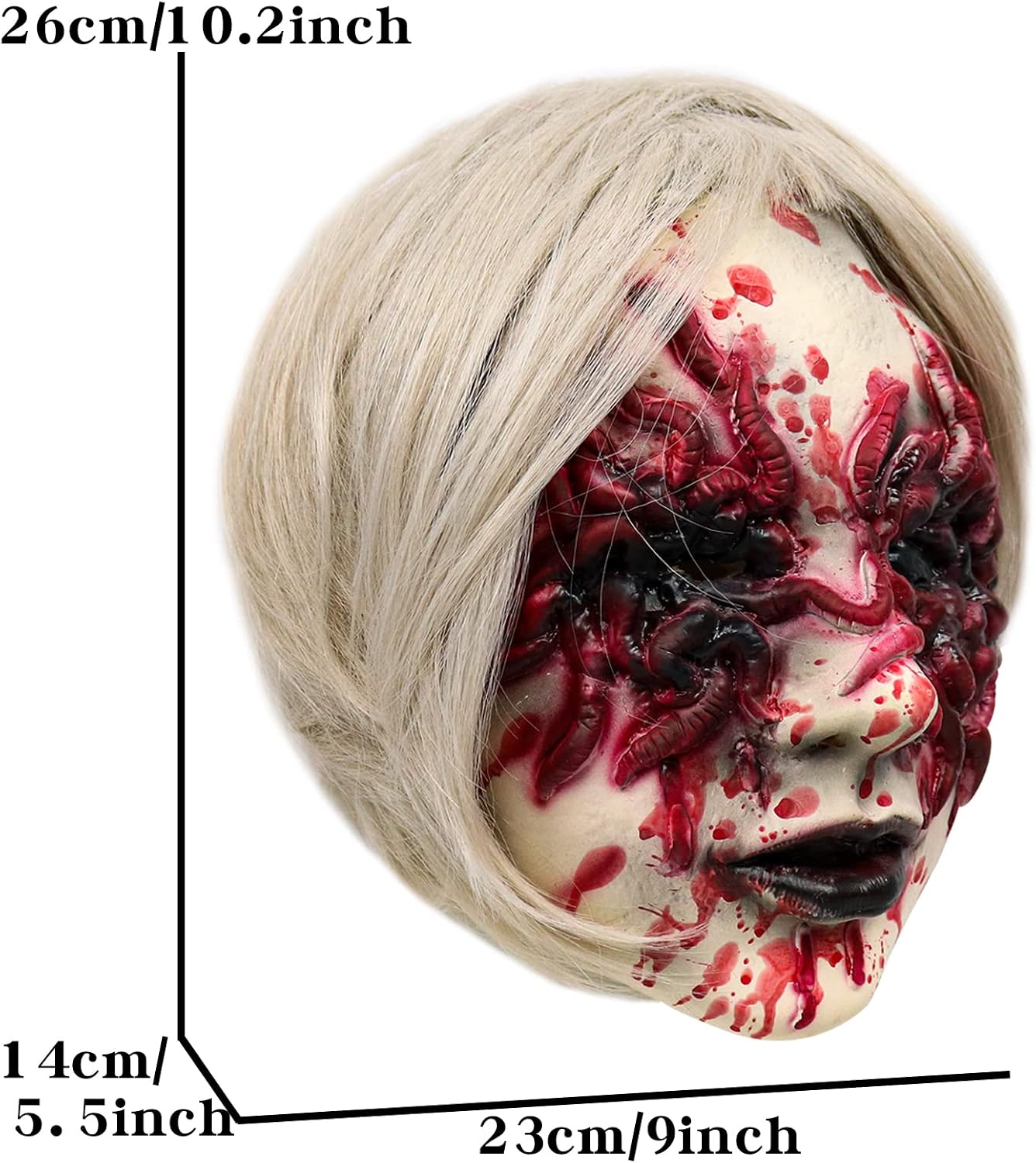 Halloween Scary Demon Mask Bloody Sucking Worm Face Mask with White Wig | Raised Worm Details, Blood Spatter Effect