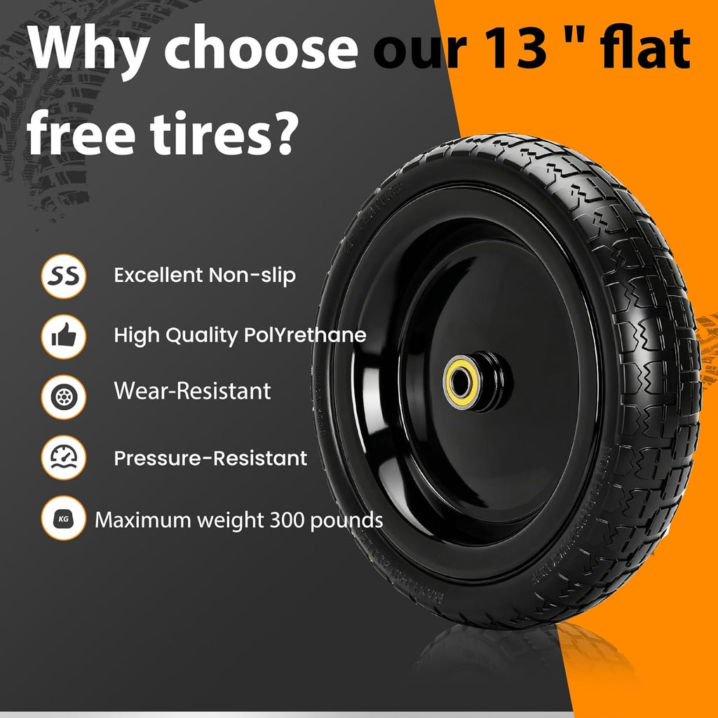 13" Flat Free Wheels Replacement for GOR Garden Cart Tires, 4.00-6 Solid Tires with 5/8"Bearings, 13" No Flat Wheels