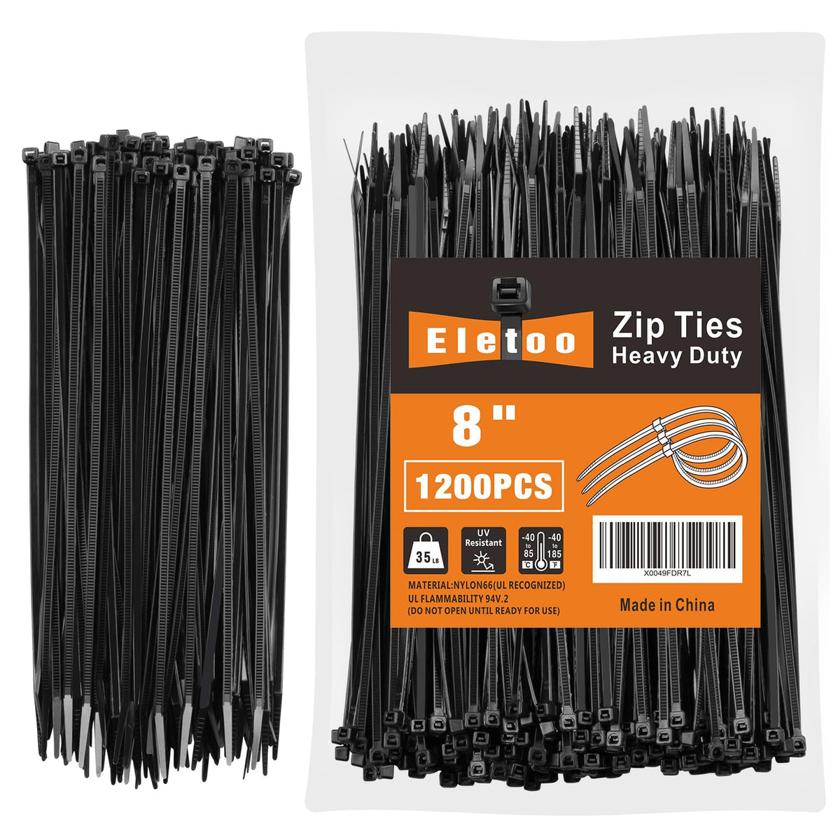 Eletoo 8 Inch Black Zip Ties 1200 Pack Cable Ties 35 LBS