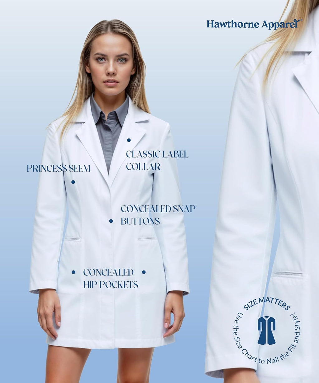 Lab Coat for Women 33 Inch, Tailored Medical Coat, 2 Hip Pockets, Doctor Nurse Coat for Clinics