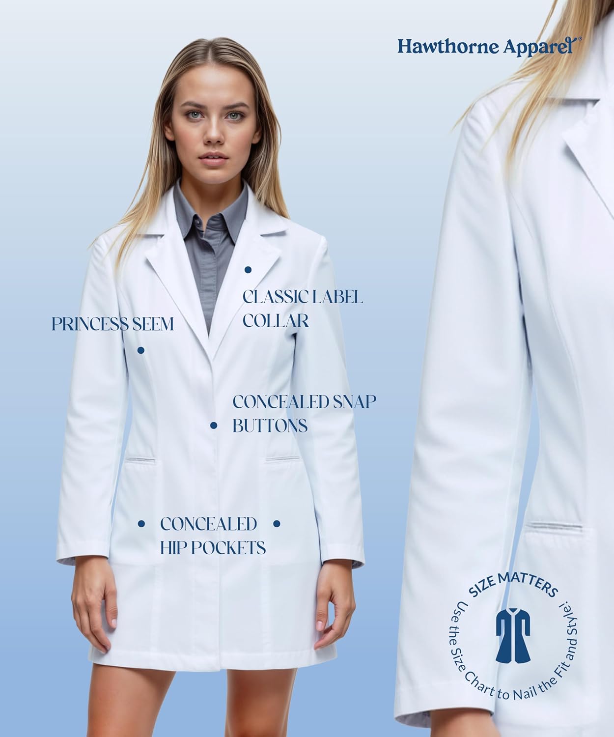 Lab Coat for Women 33 Inch, Tailored Medical Coat, 2 Hip Pockets, Doctor Nurse Coat for Clinics