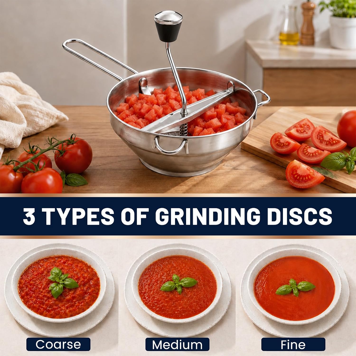 Stainless Steel Food Mill with 3 Interchangeable Discs, Rotary Food Mill for Tomato Sauce, Mashed Potatoes, Baby